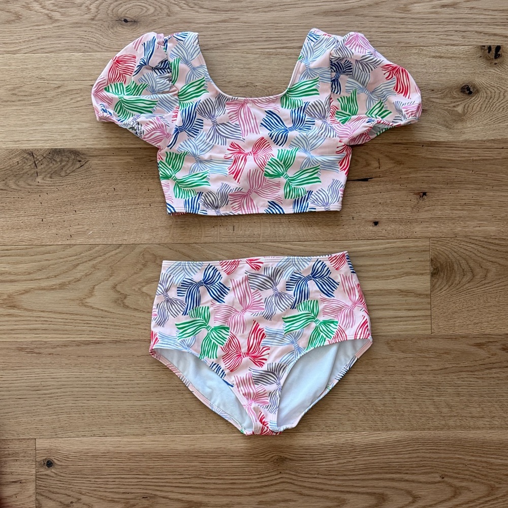Mini Boden Pink and blue Green bow Print Bikini girls 11-12 never worn